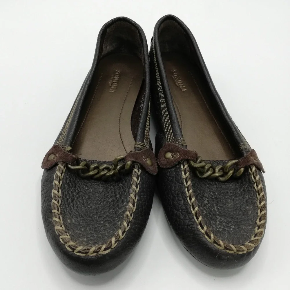 Sonoma Shoes Womens Loafers Melanie Dark Brown Pebbled Leather Gold Chain 7.5